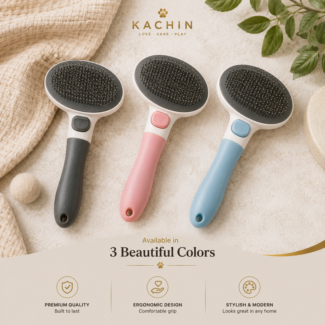 KACHIN Gentle Touch self-cleaning brush shown in all three available colors: gray, pink, and blue