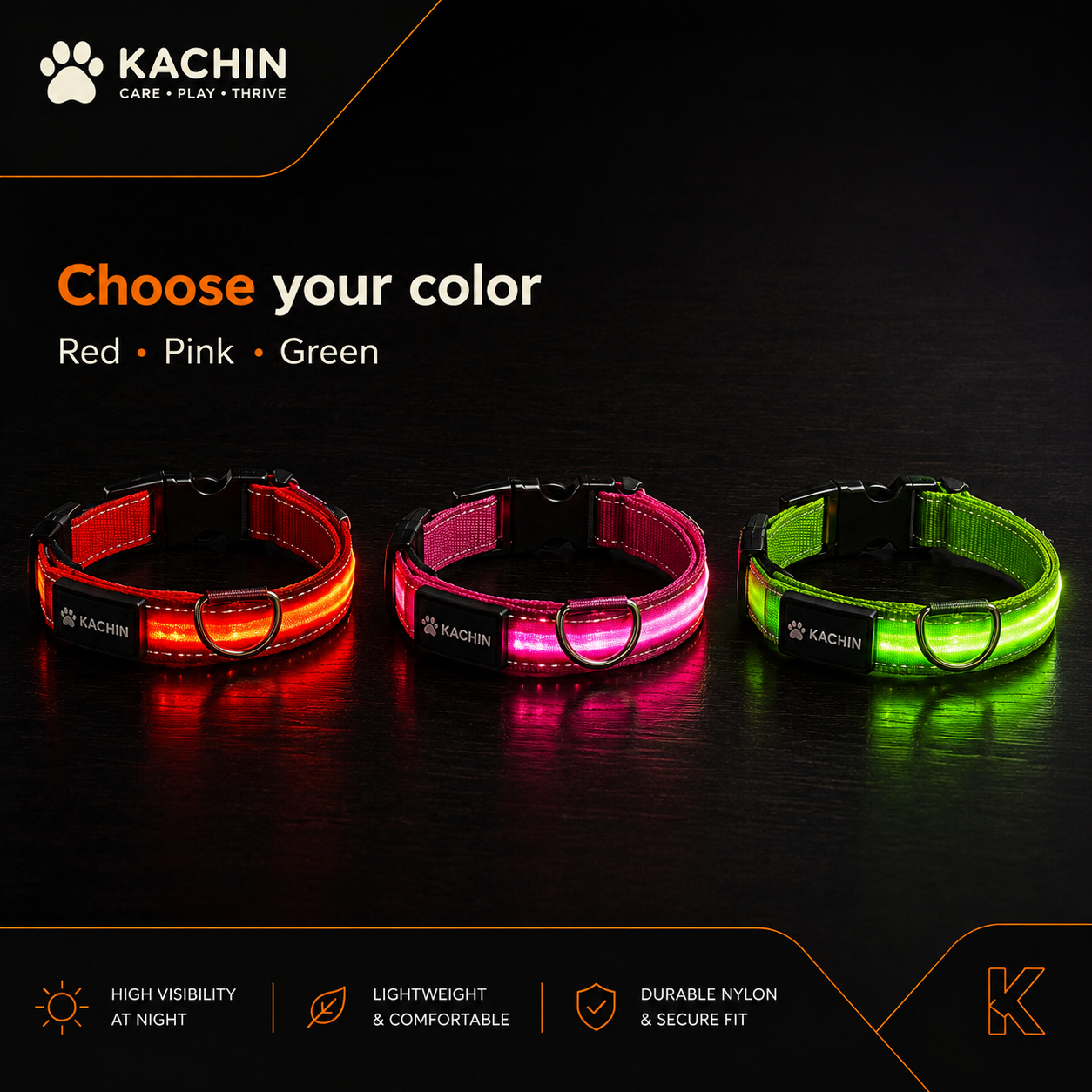 KACHIN Night Glow LED Dog Collar - Be Seen After Dark, Every Walk
