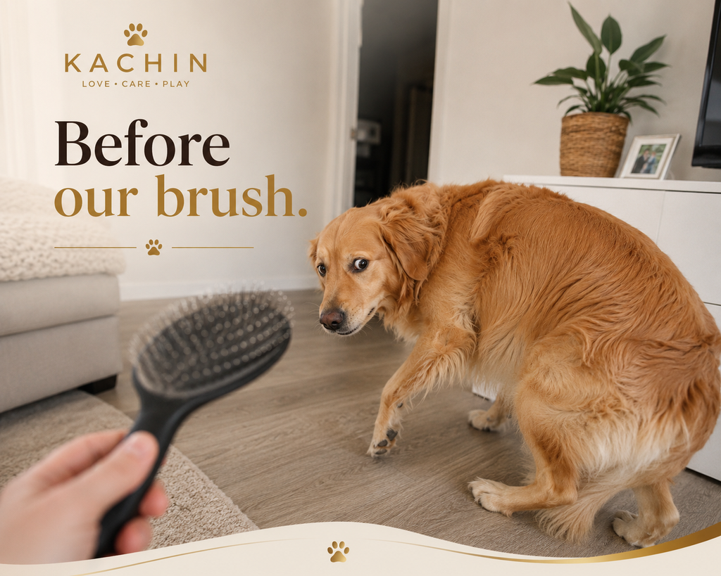 Dog reacting nervously to a traditional pet brush, before switching to KACHIN's gentle self-cleaning brush
