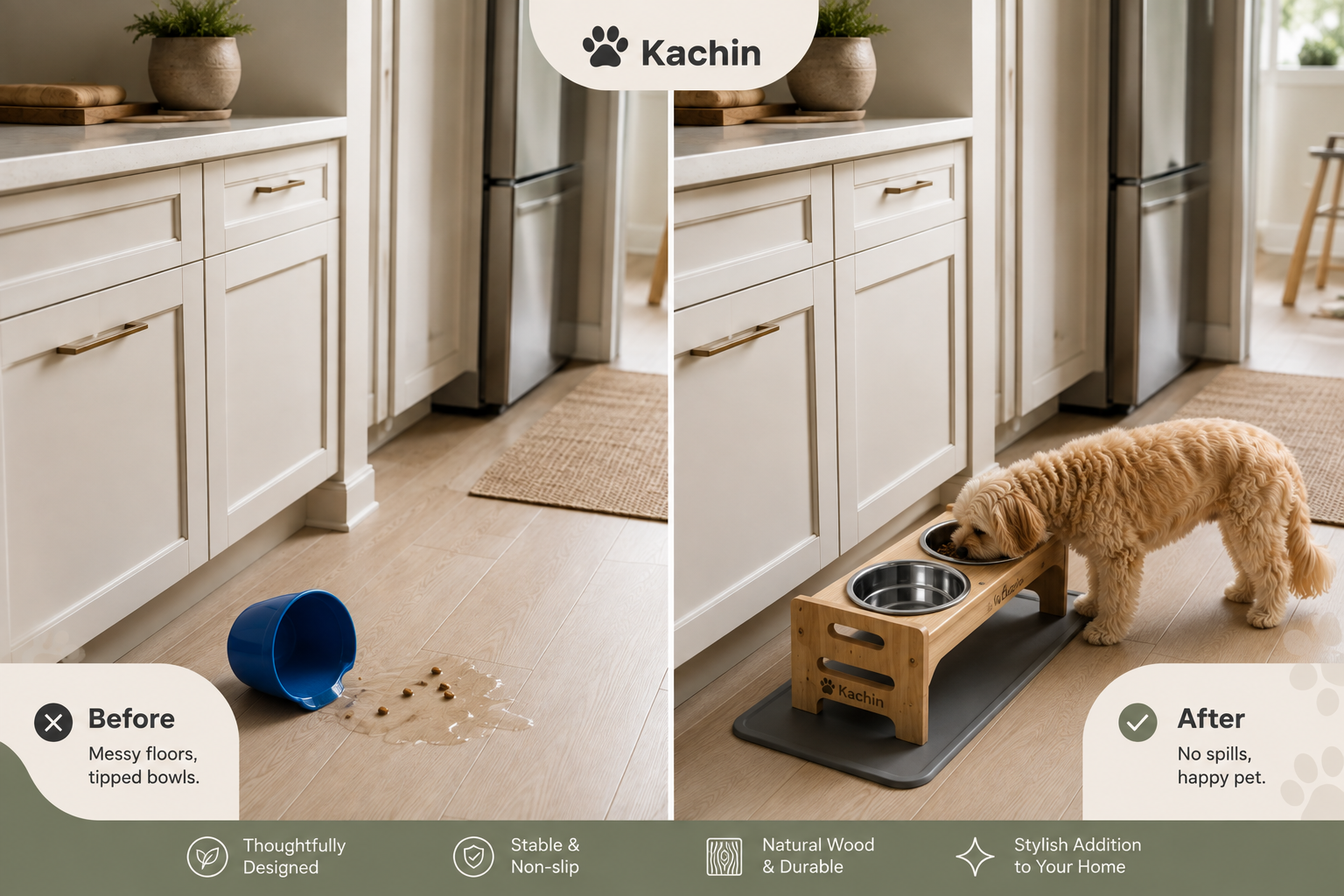 KACHIN Nordic Elevated Feeder - Wood & Stainless Steel Bowl Stand for Small Dogs & Cats