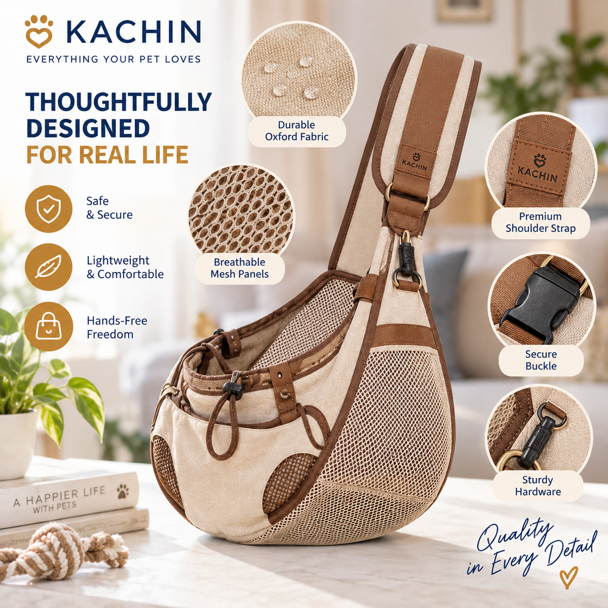 KACHIN Hands-Free Sling Pet Carrier - Secure, Close-to-You Comfort for Small Dogs & Cats
