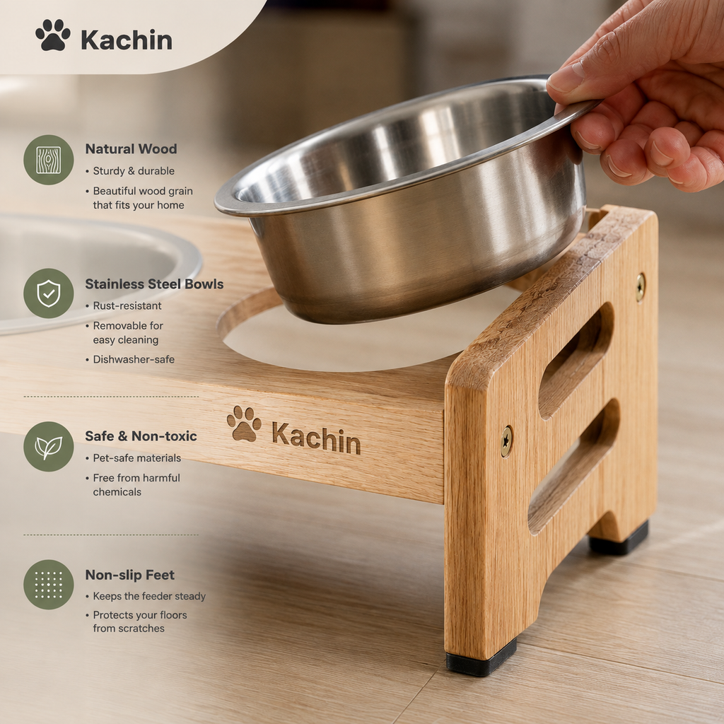 KACHIN Nordic Elevated Feeder - Wood & Stainless Steel Bowl Stand for Small Dogs & Cats