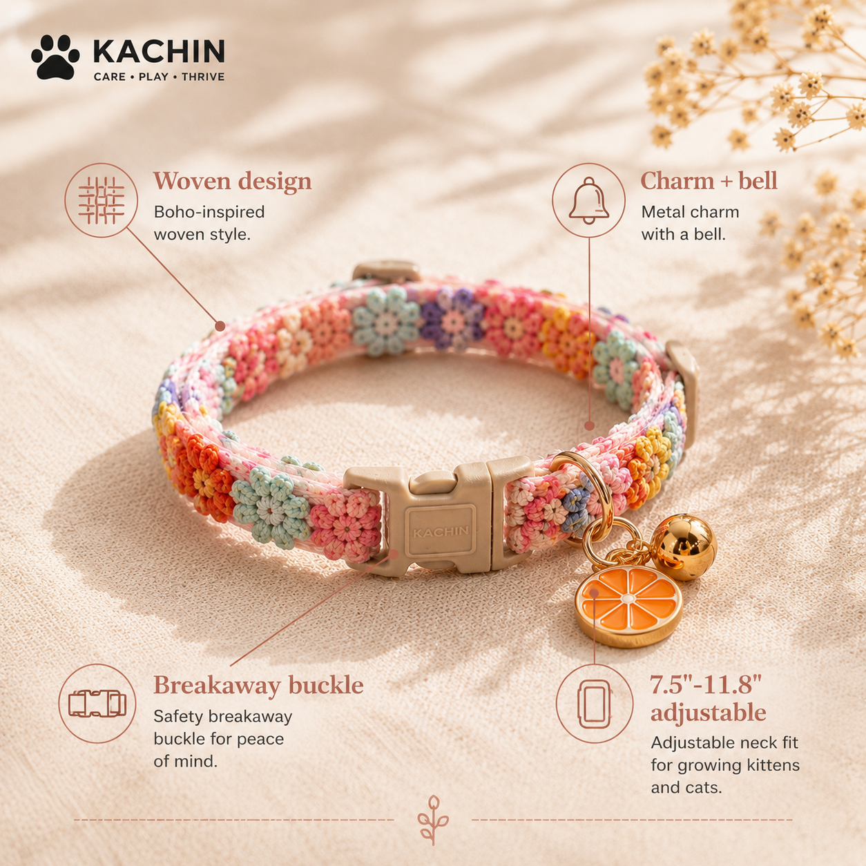 KACHIN Boho Cat Collar with Bell – Breakaway Safety & Boutique Style