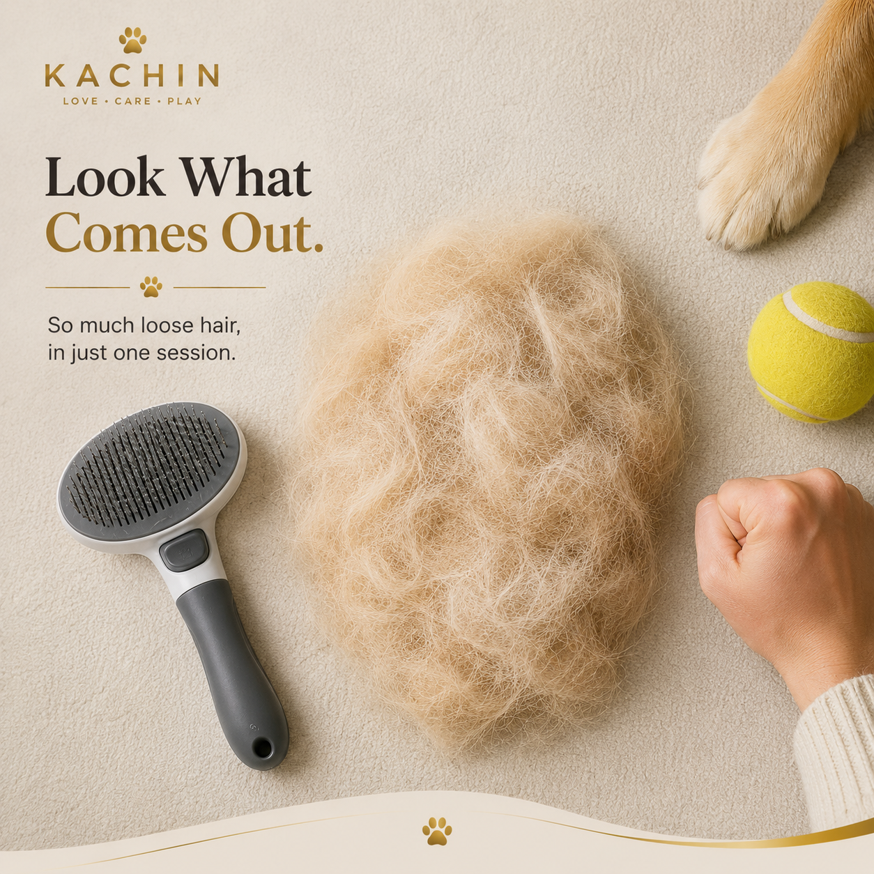 Amount of loose fur removed in one brushing session compared to a tennis ball for scale