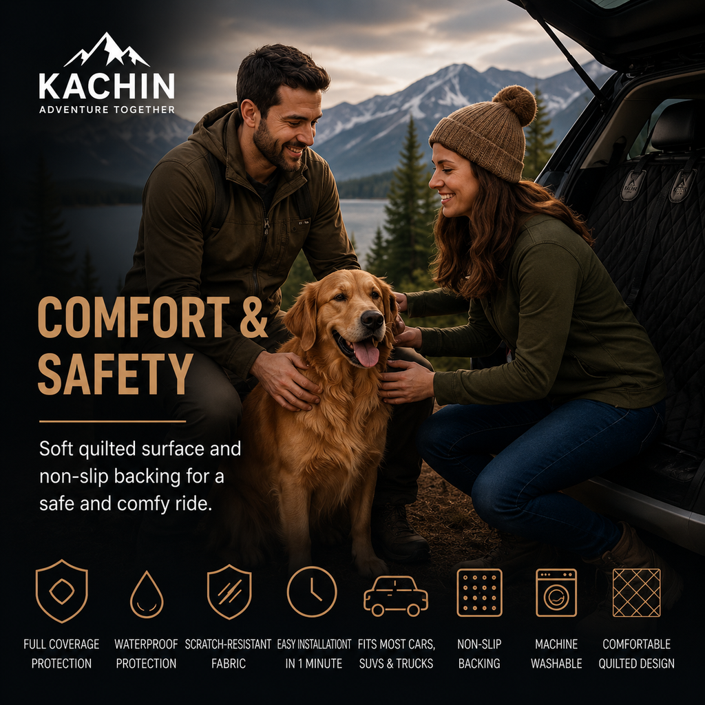 Dog relaxing on KACHIN waterproof car seat cover during a road trip
