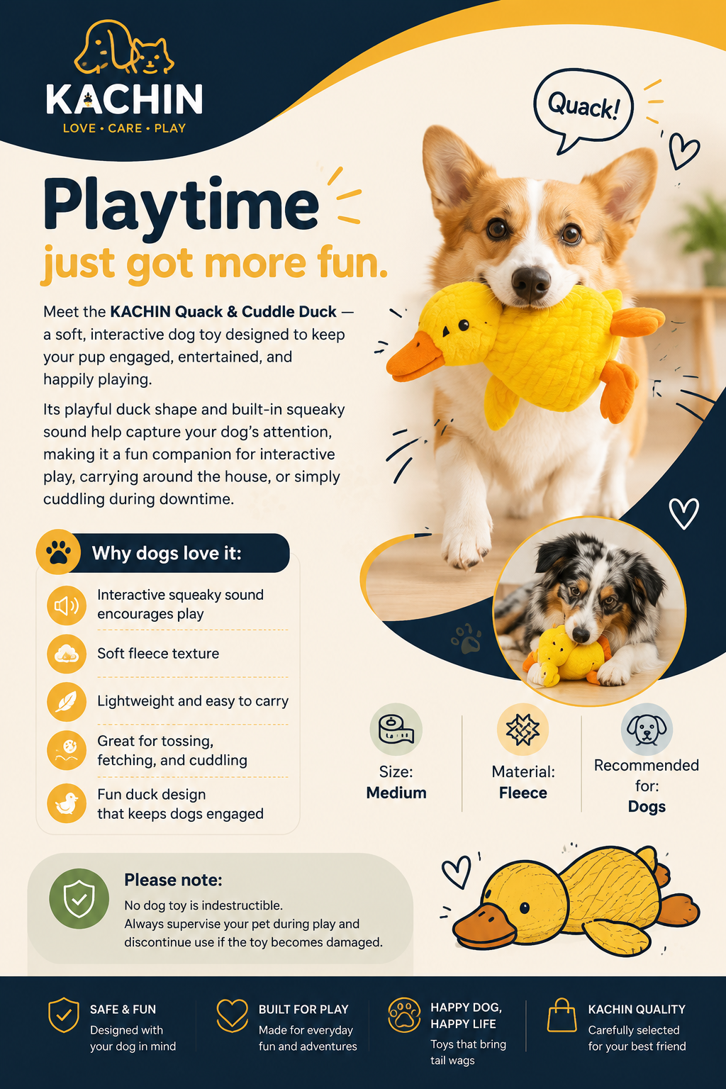 KACHIN Quack and Cuddle Duck squeaky dog toy features and details