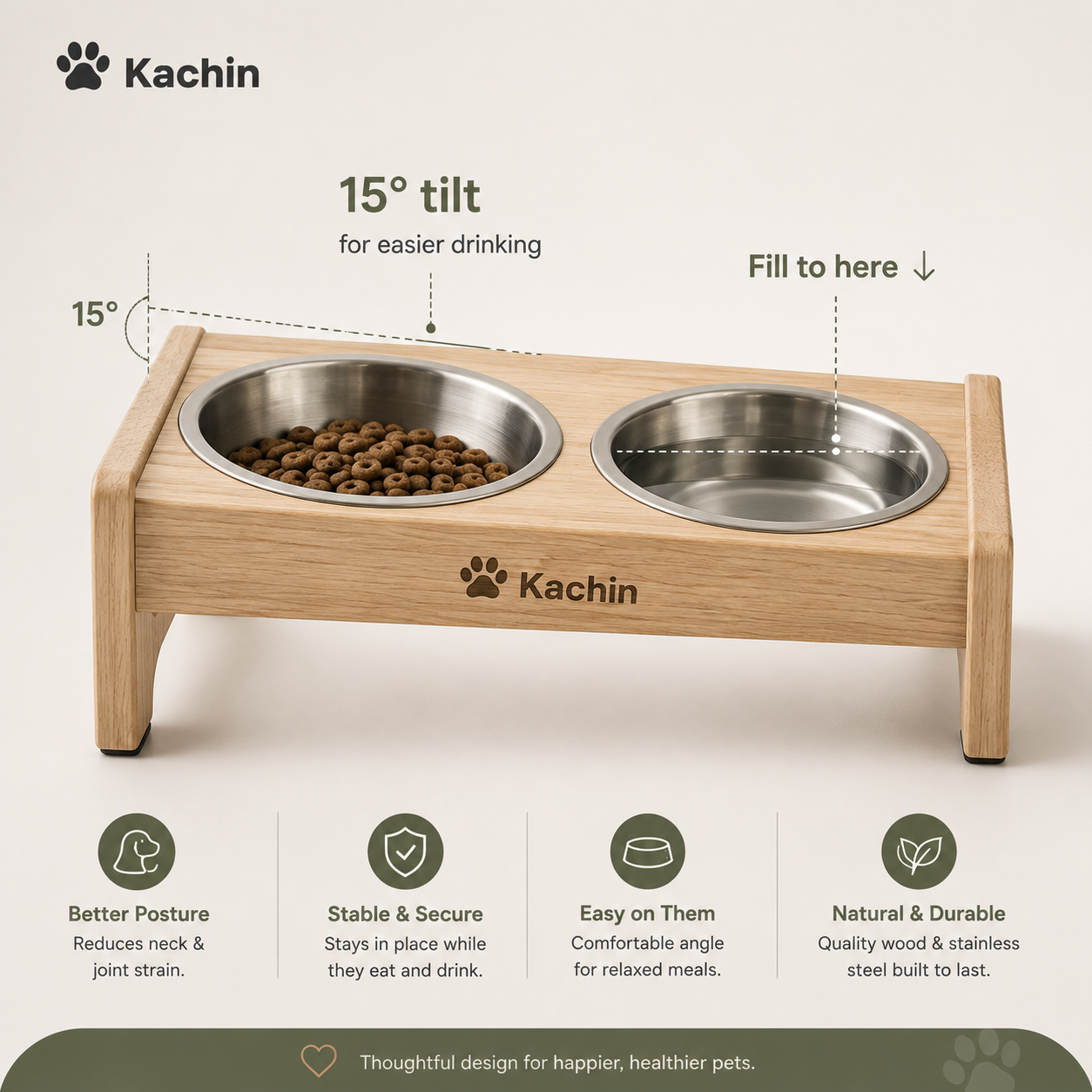 KACHIN Nordic Elevated Feeder - Wood & Stainless Steel Bowl Stand for Small Dogs & Cats