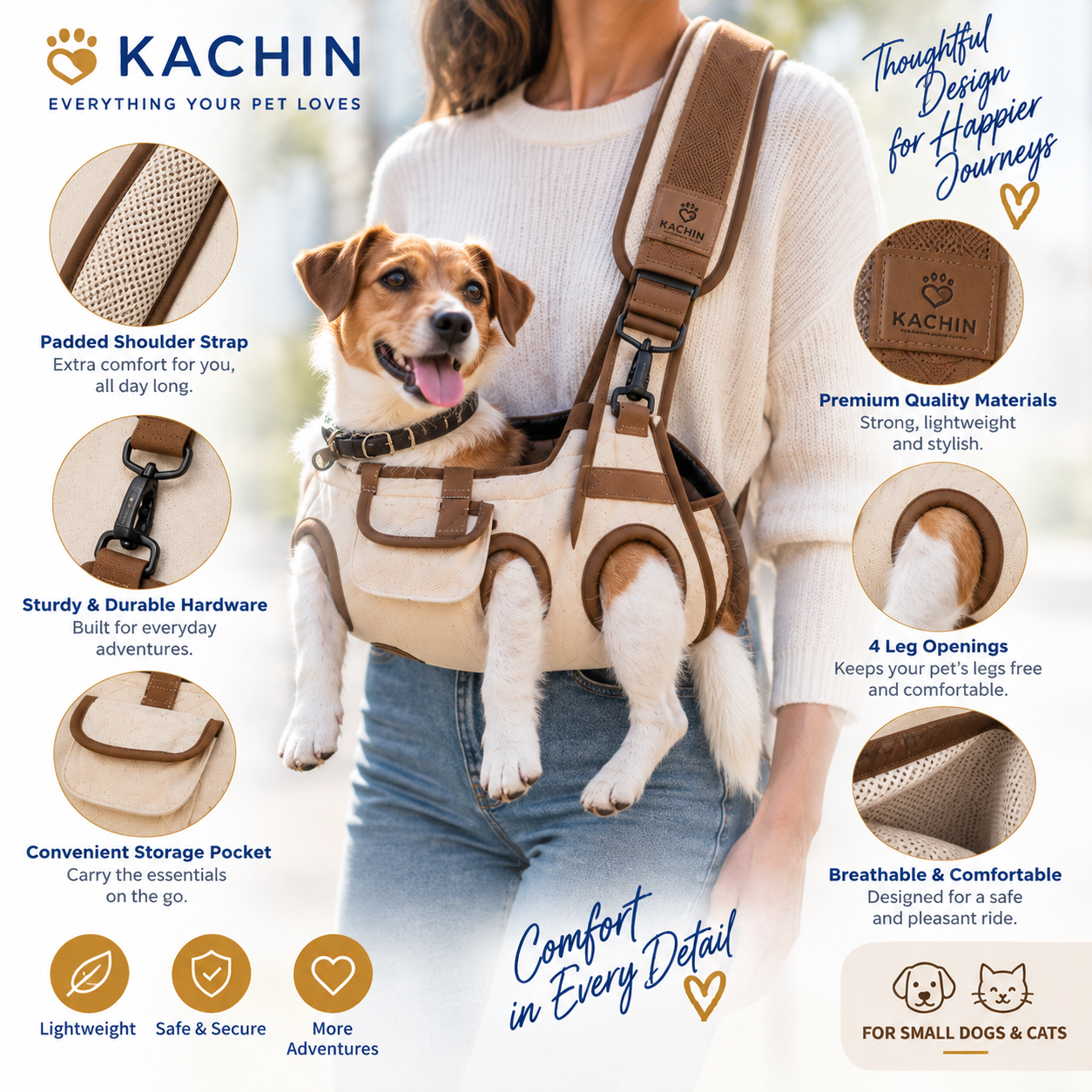 KACHIN Hands-Free Sling Pet Carrier - Secure, Close-to-You Comfort for Small Dogs & Cats