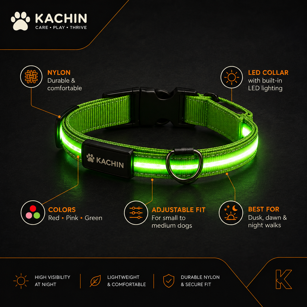 KACHIN Night Glow LED Dog Collar - Be Seen After Dark, Every Walk