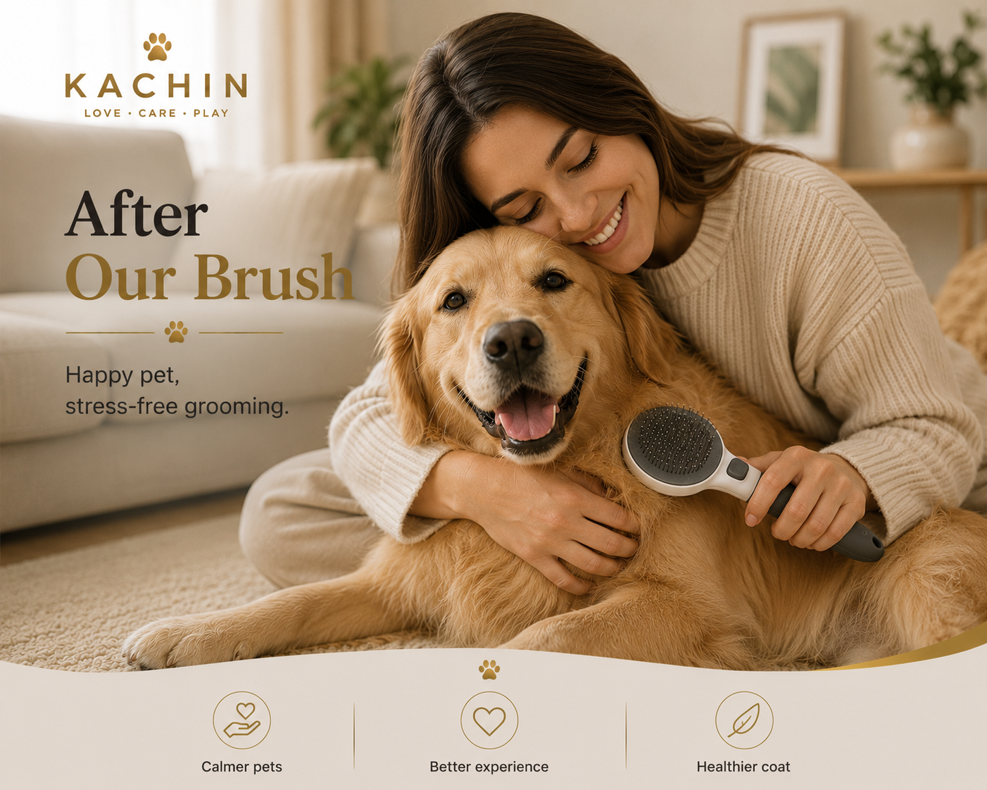 The same dog calm and relaxed while being brushed with the KACHIN Gentle Touch self-cleaning brush