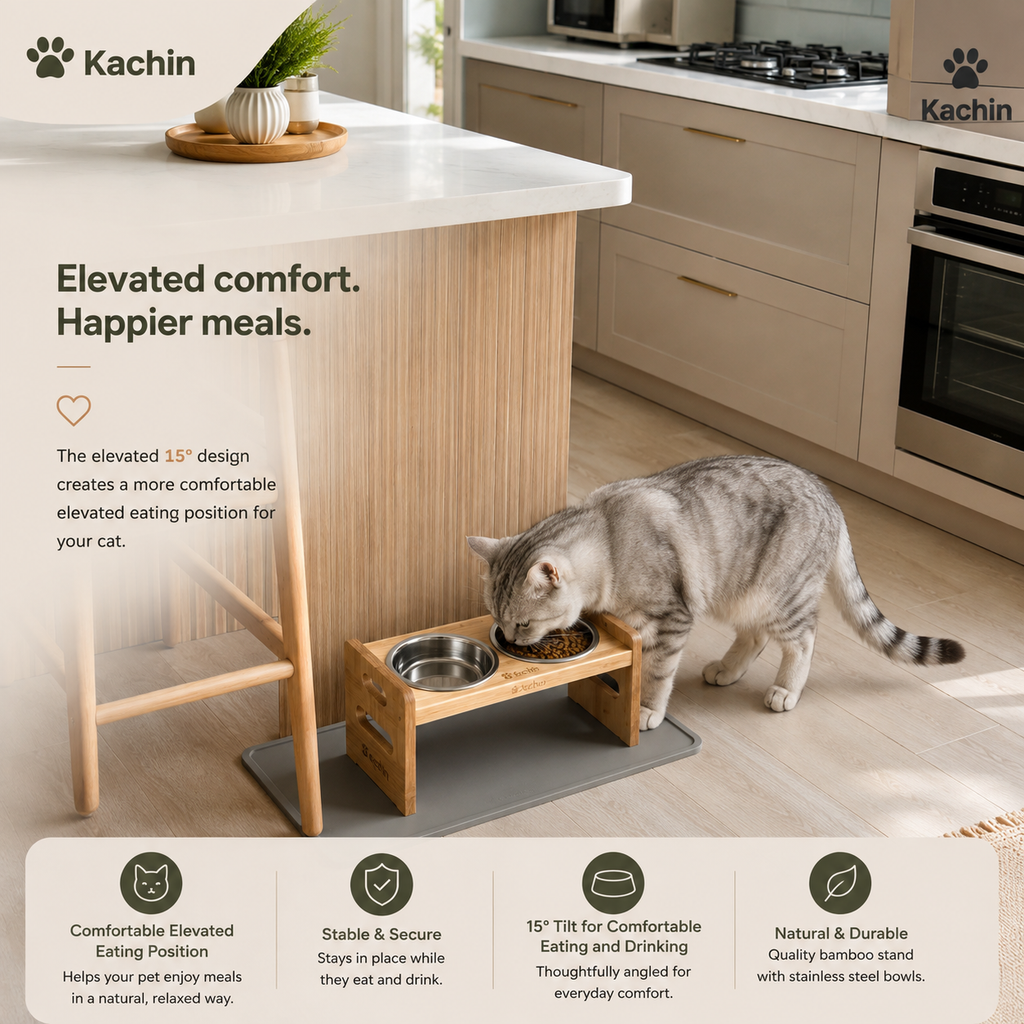 KACHIN Nordic Elevated Feeder - Wood & Stainless Steel Bowl Stand for Small Dogs & Cats