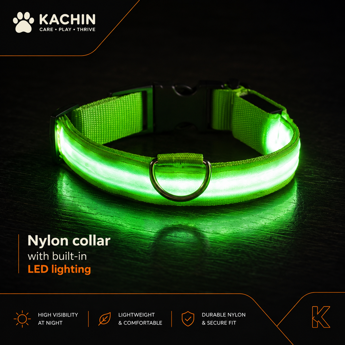 KACHIN Night Glow LED Dog Collar - Be Seen After Dark, Every Walk