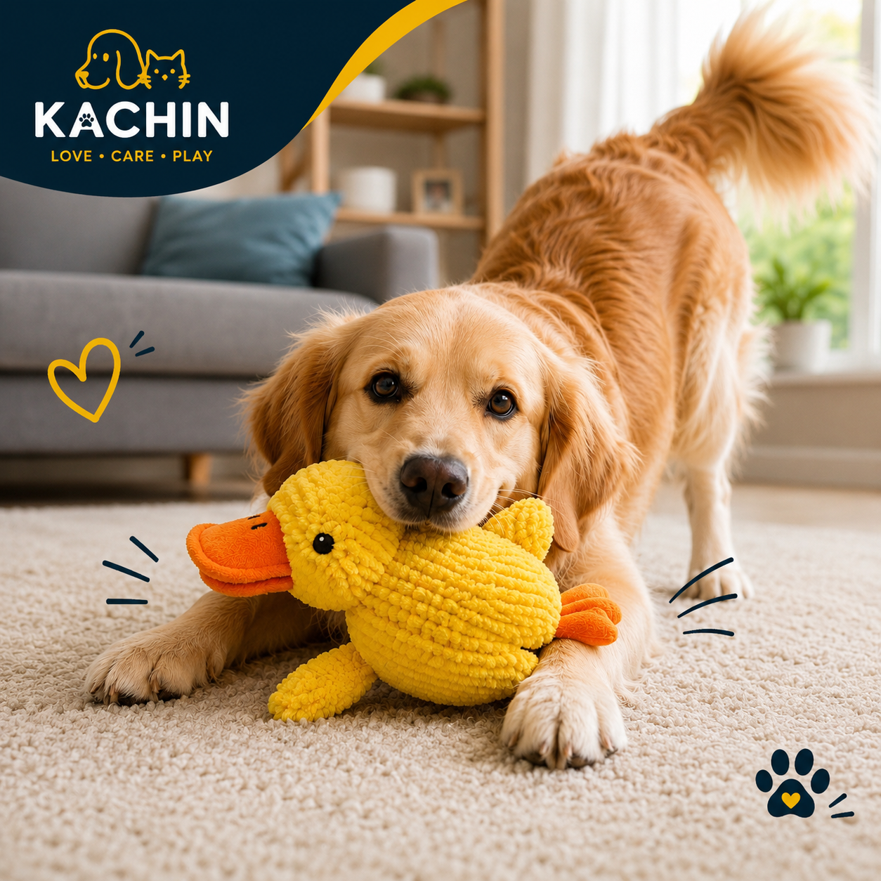 Dog playing with KACHIN squeaky duck plush dog toy