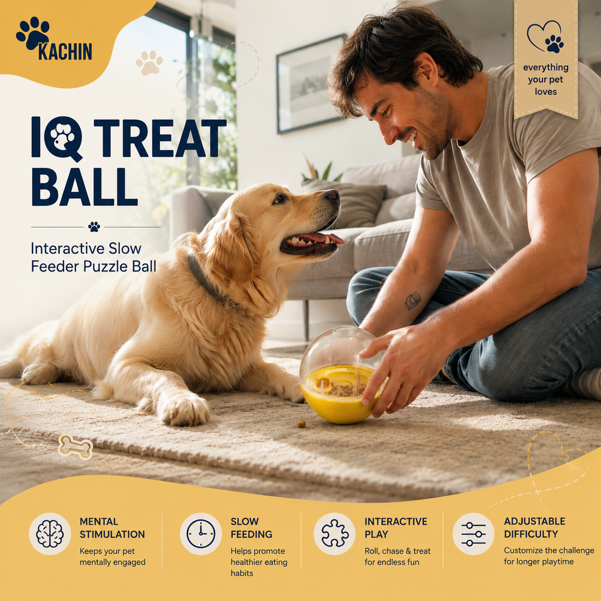KACHIN IQ Treat Ball – Interactive Slow Feeder Puzzle for Dogs & Cats