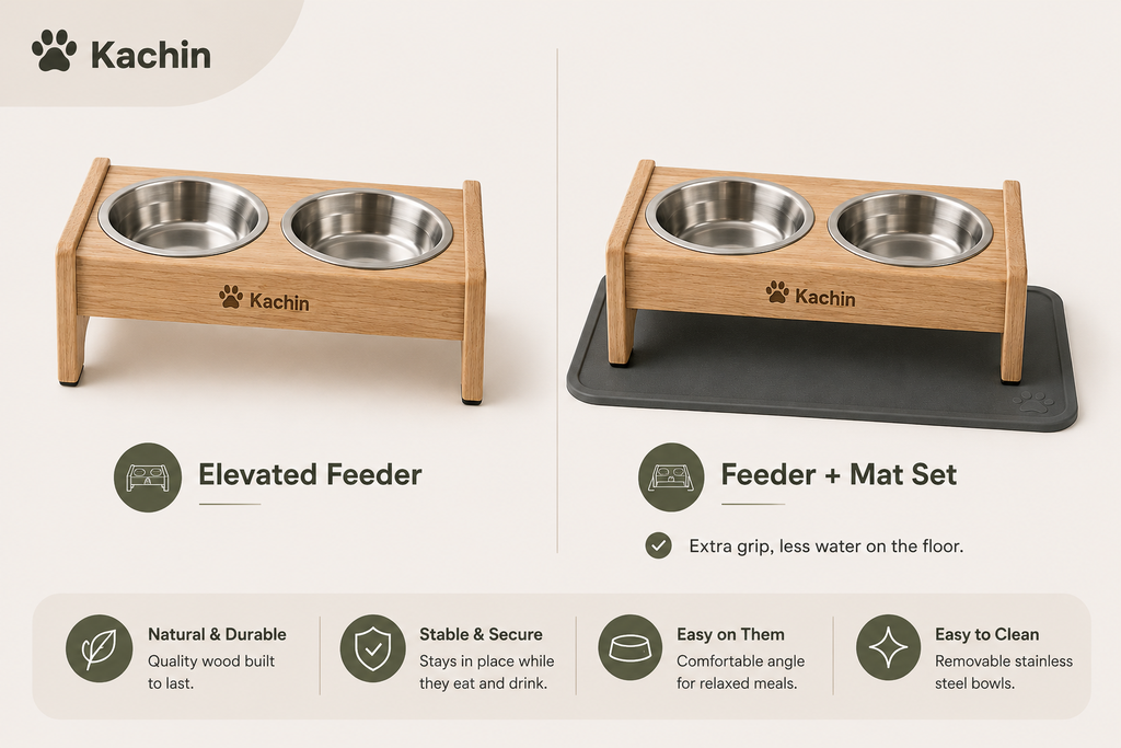 KACHIN Nordic Elevated Feeder - Wood & Stainless Steel Bowl Stand for Small Dogs & Cats