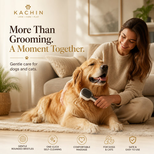 Woman gently brushing a relaxed Labrador retriever with the KACHIN Gentle Touch self-cleaning brush