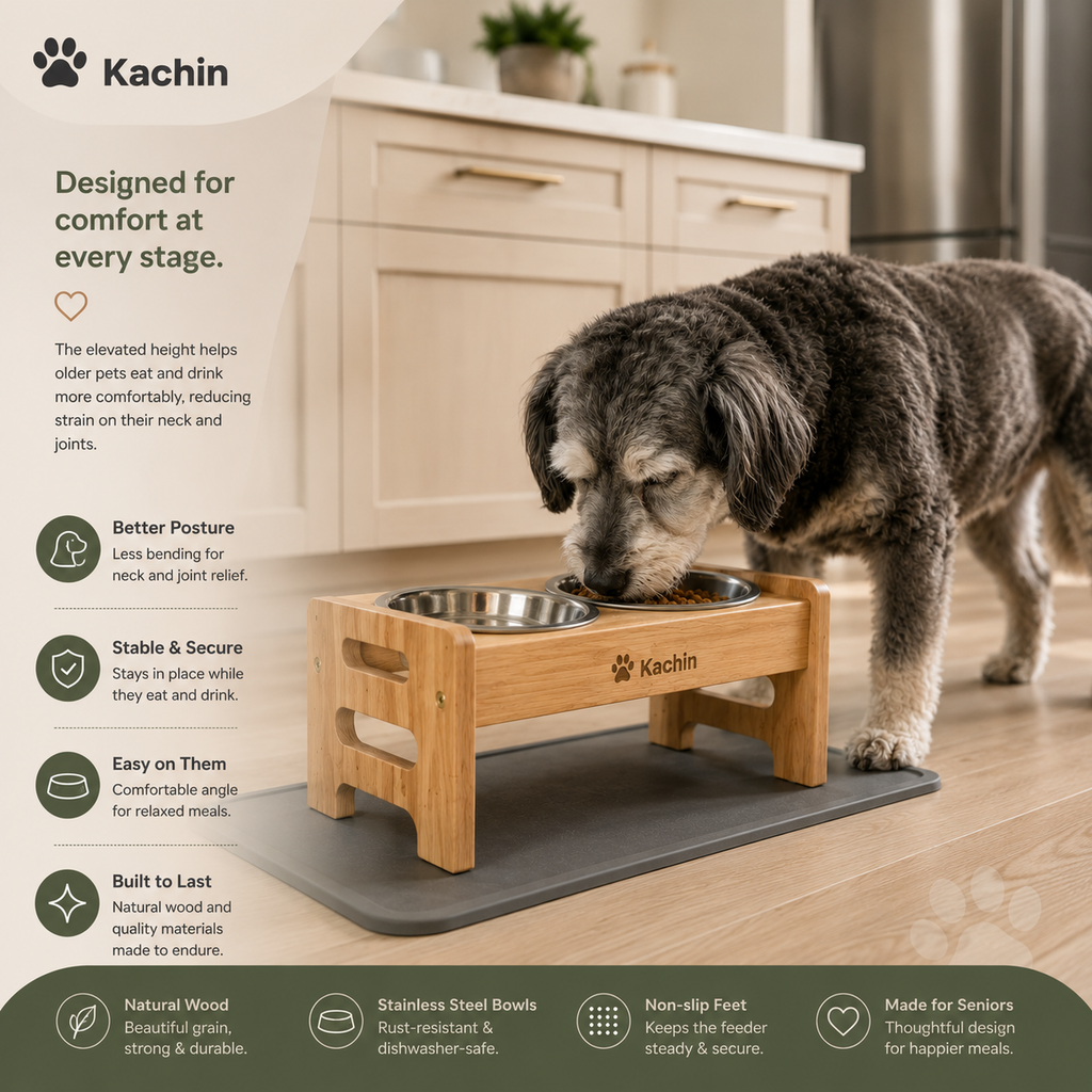 KACHIN Nordic Elevated Feeder - Wood & Stainless Steel Bowl Stand for Small Dogs & Cats
