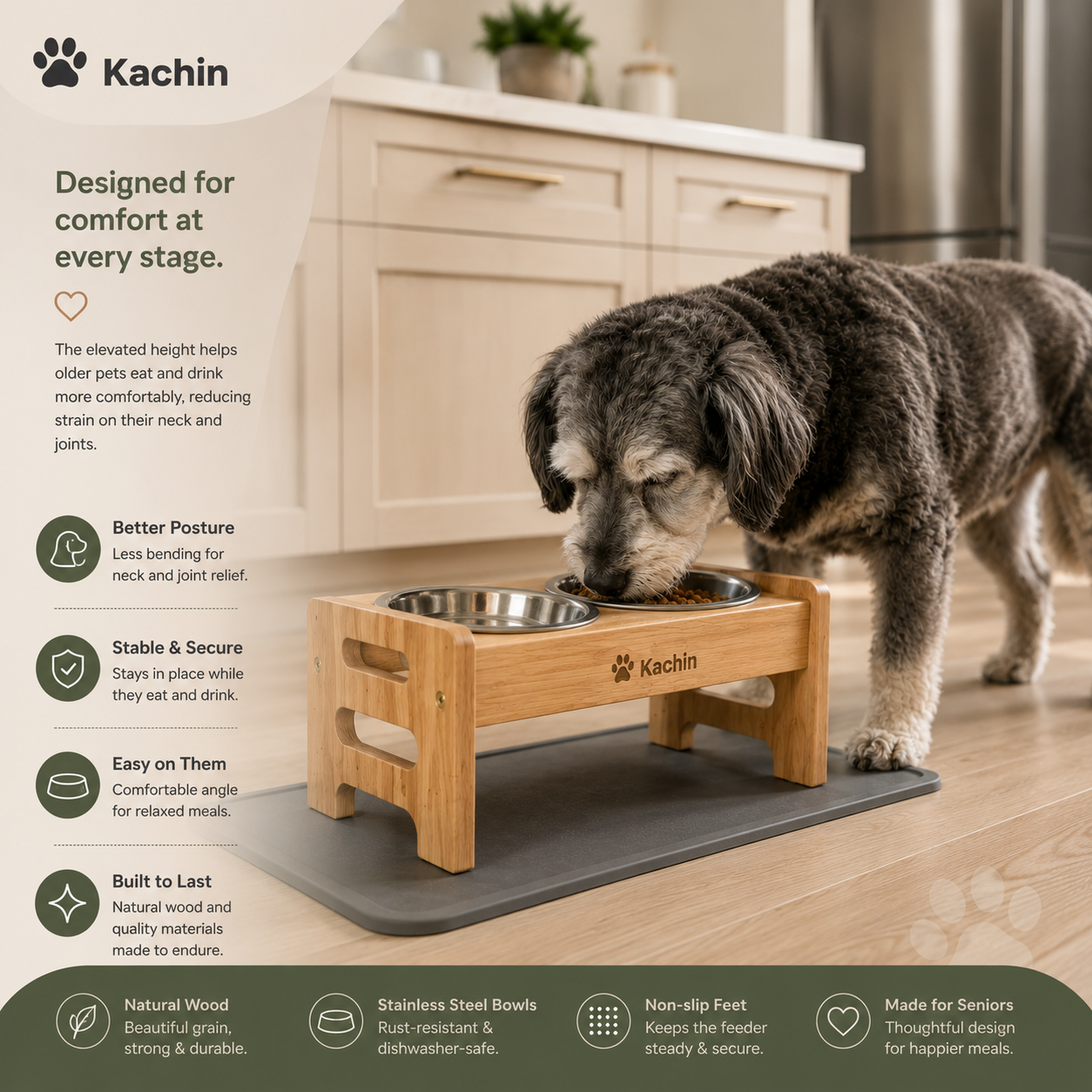 KACHIN Nordic Elevated Feeder - Wood & Stainless Steel Bowl Stand for Small Dogs & Cats