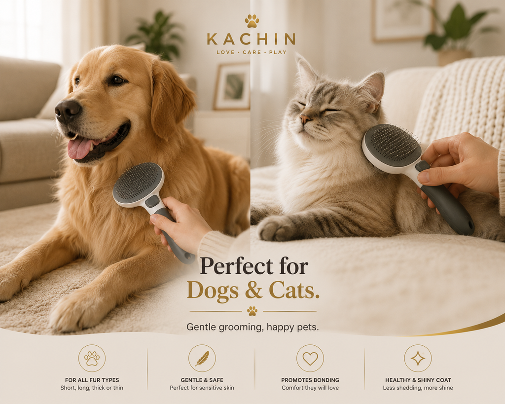 KACHIN self-cleaning brush being used on both a dog and a cat