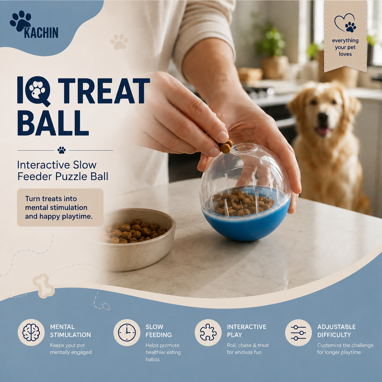 KACHIN IQ Treat Ball – Interactive Slow Feeder Puzzle for Dogs & Cats