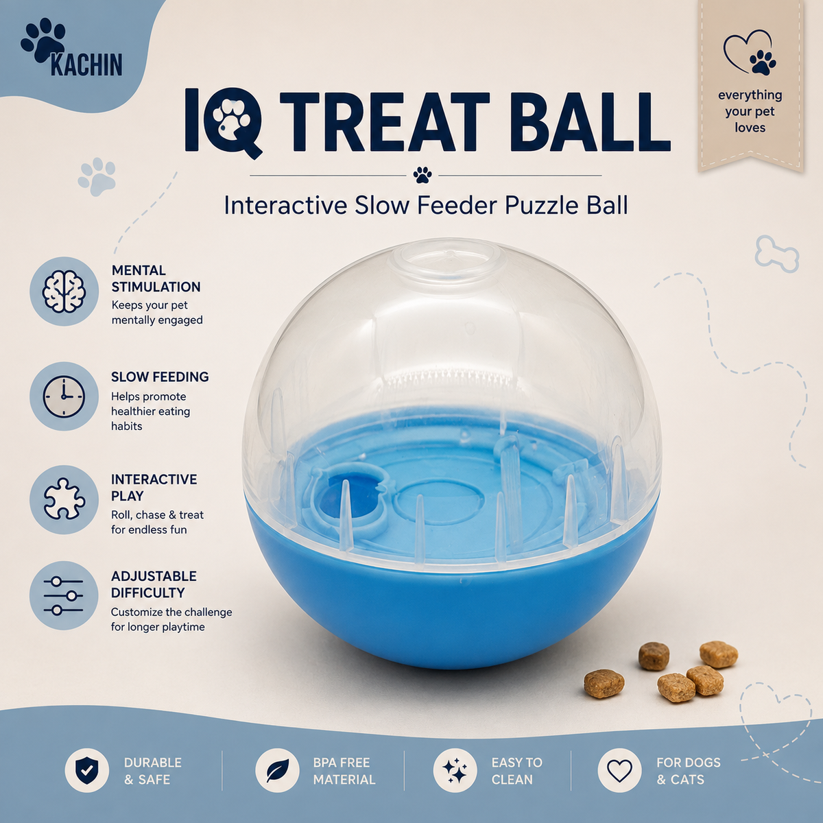 KACHIN IQ Treat Ball – Interactive Slow Feeder Puzzle for Dogs & Cats