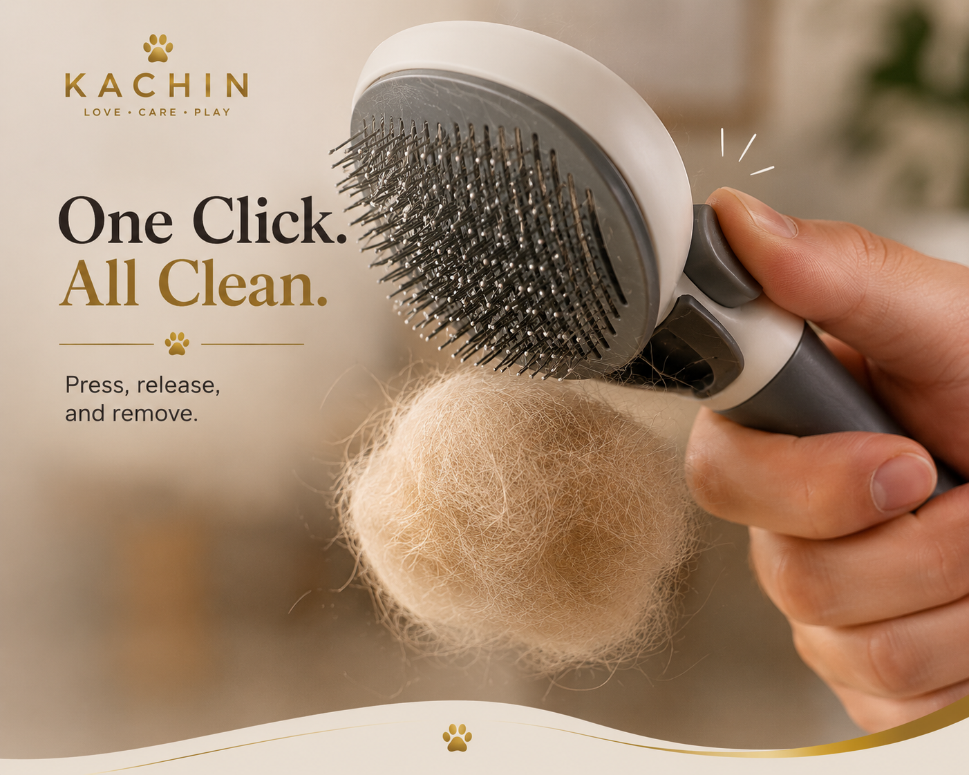 Close-up of the one-click self-cleaning button releasing collected pet fur from the KACHIN brush
