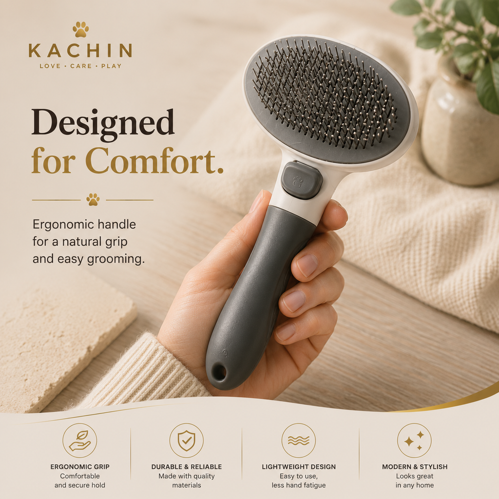KACHIN Gentle Touch brush held in hand showing its ergonomic grip and compact size